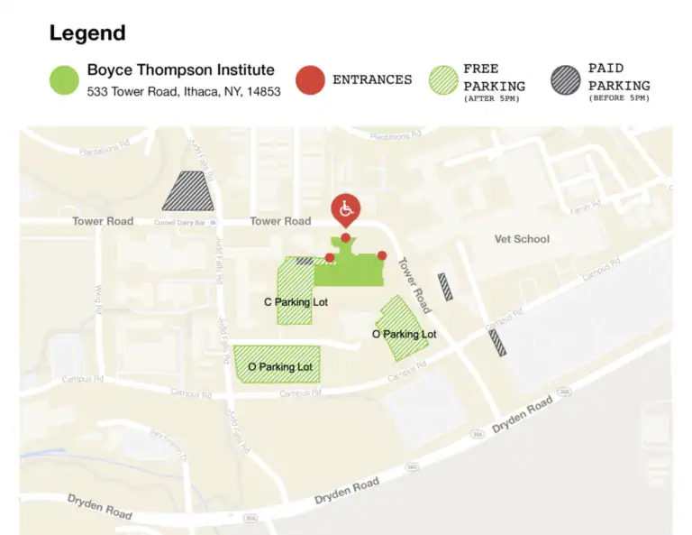 Boyce Thompson Institute campus map with parking and entrance locations in Ithaca, NY, highlighting free and paid parking, accessible entry points, and campus grounds.