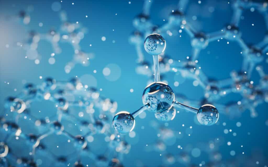 Molecular structure of water molecules, close-up digital illustration showing water bonds and atomic composition, representing scientific research at Boyce Thompson Institute in plant and molecular biology.